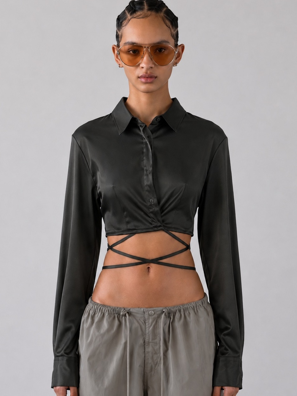 Satin Wrap Crop Shirt in Black